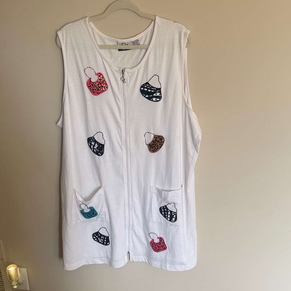 White Sleeveless Women's Swim Coverup with Colorful Purse Appliqués
